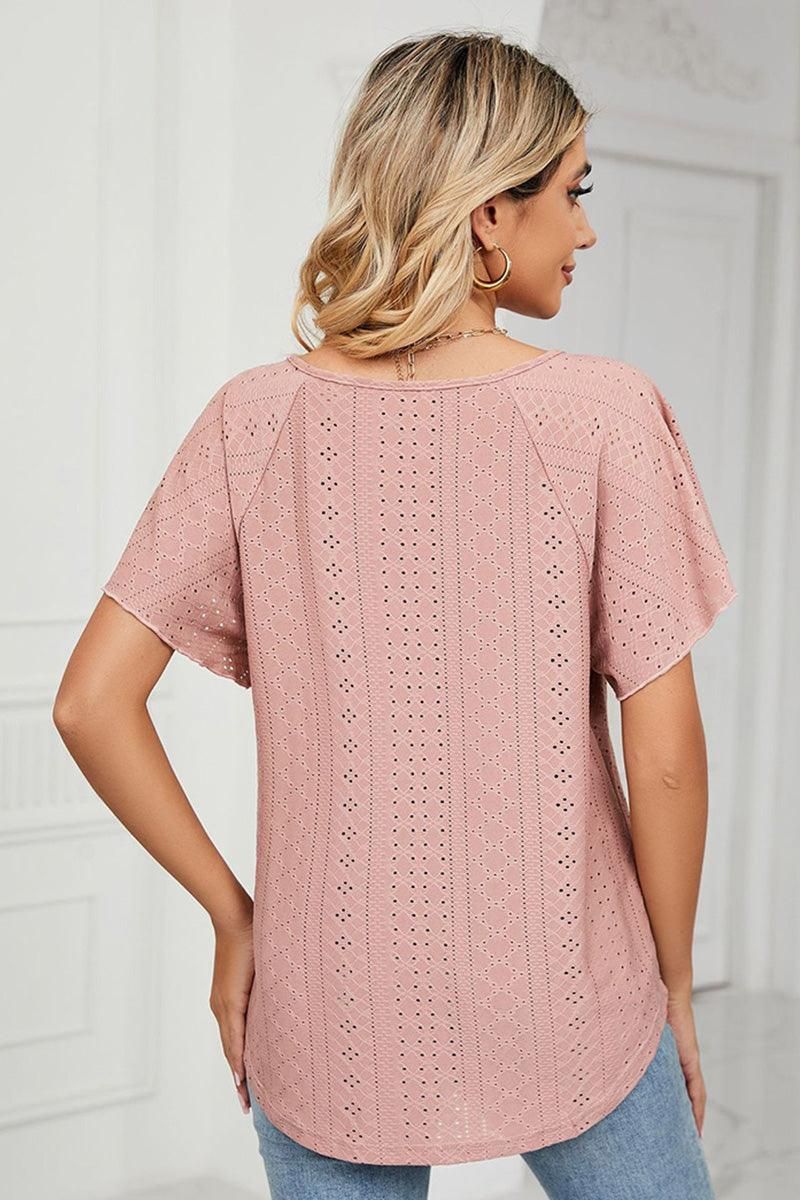 V NECK PUNCHING LACE UP RUFFLE LOOSE TOP - Doublju