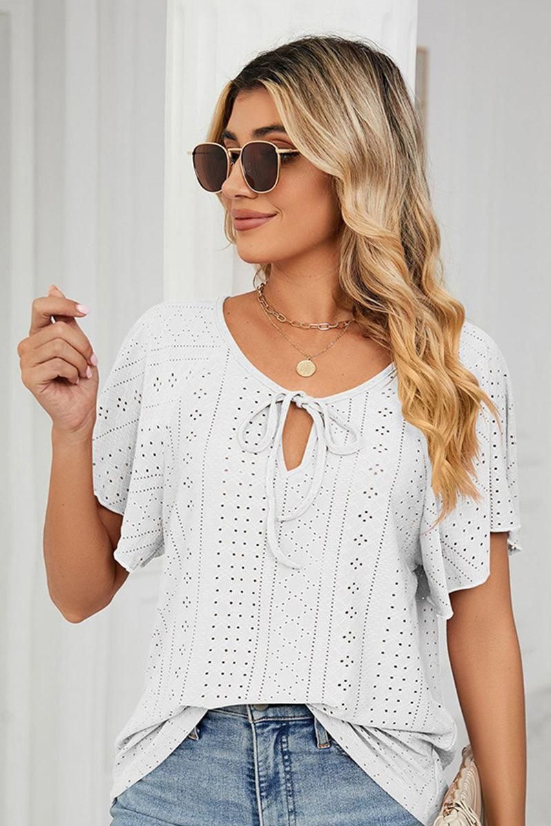 V NECK PUNCHING LACE UP RUFFLE LOOSE TOP - Doublju