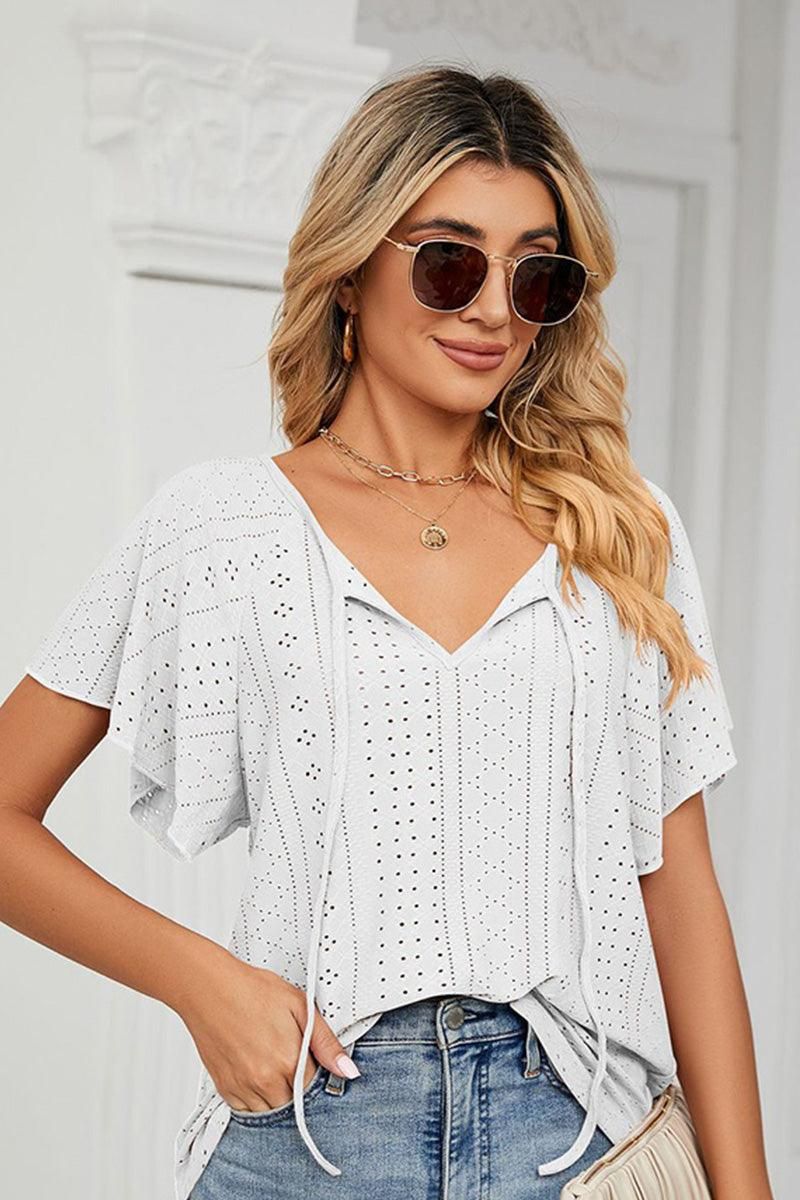 V NECK PUNCHING LACE UP RUFFLE LOOSE TOP - Doublju