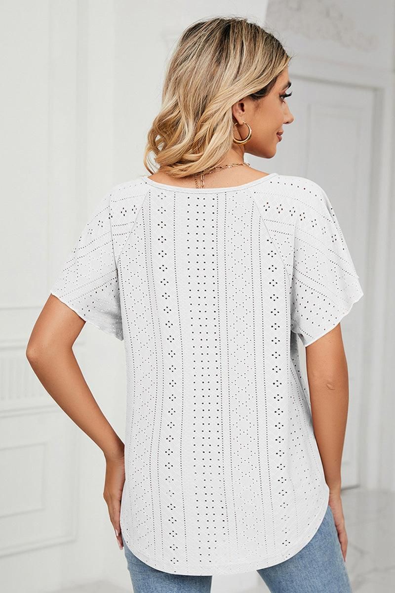 V NECK PUNCHING LACE UP RUFFLE LOOSE TOP - Doublju