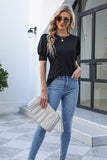 HOLLOW HOLE RIBBED SLEEVE CASUAL TOP - Doublju