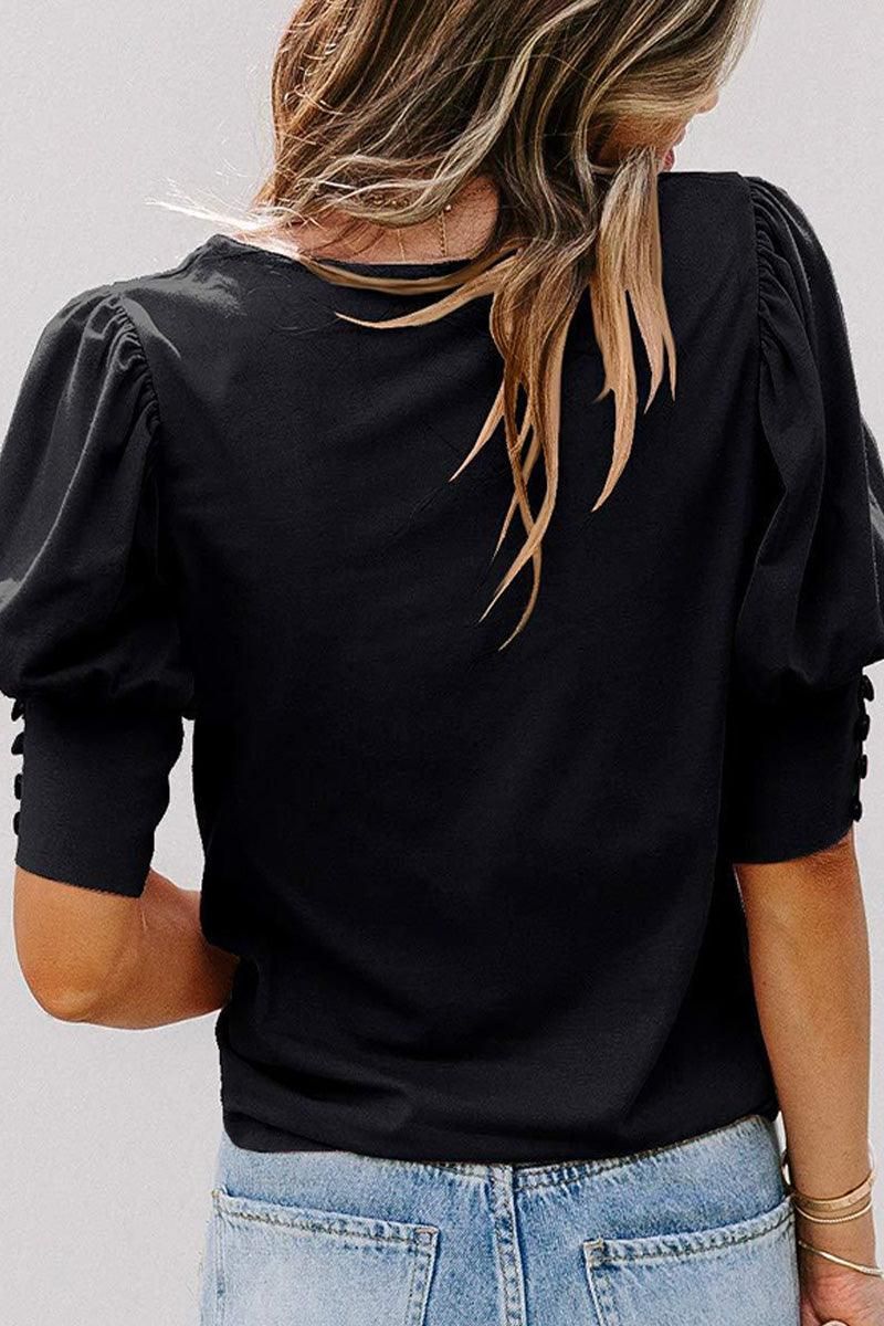 CREW NECK PUFF SLEEVE TUNIC TOP - Doublju