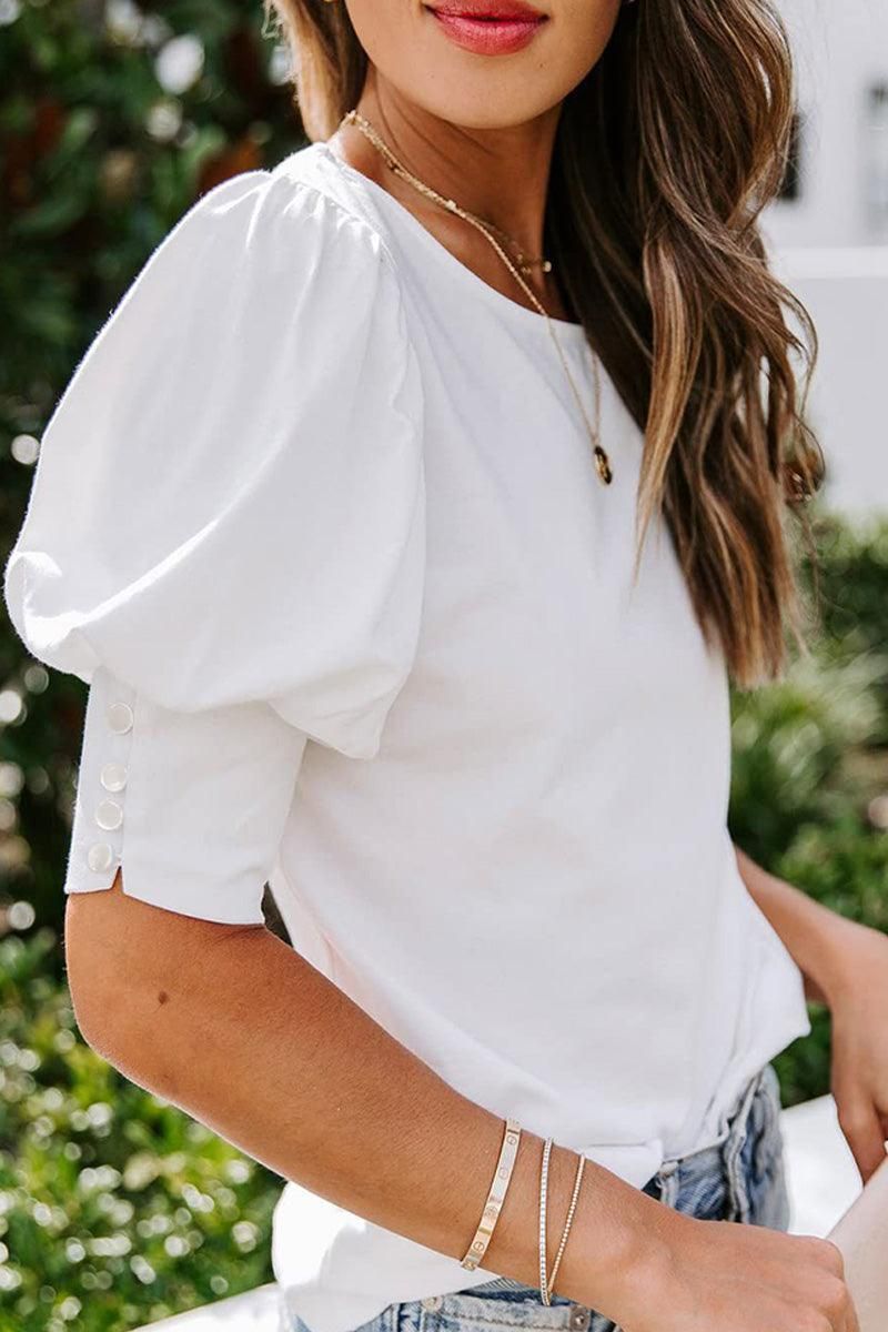 CREW NECK PUFF SLEEVE TUNIC TOP - Doublju