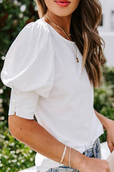 CREW NECK PUFF SLEEVE TUNIC TOP - Doublju