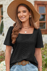 SQUERE NECK PUNCHING LACE TOP - Doublju