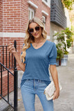 PLEATED FRILL PUFF SLEEVES V NECK TEE - Doublju