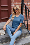 PLEATED FRILL PUFF SLEEVES V NECK TEE - Doublju