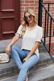 PLEATED FRILL PUFF SLEEVES V NECK TEE - Doublju