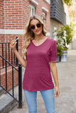 PLEATED FRILL PUFF SLEEVES V NECK TEE - Doublju