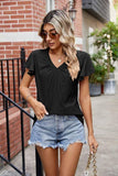 WRINKLED V NECK RUFFLED SLEEVES PUNCHING LACE TEE - Doublju