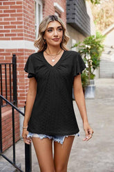 WRINKLED V NECK RUFFLED SLEEVES PUNCHING LACE TEE - Doublju