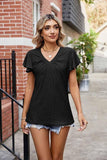 WRINKLED V NECK RUFFLED SLEEVES PUNCHING LACE TEE - Doublju