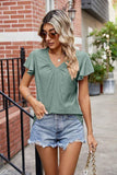 WRINKLED V NECK RUFFLED SLEEVES PUNCHING LACE TEE - Doublju