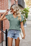 WRINKLED V NECK RUFFLED SLEEVES PUNCHING LACE TEE - Doublju