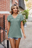 WRINKLED V NECK RUFFLED SLEEVES PUNCHING LACE TEE - Doublju