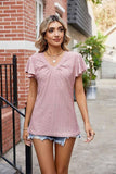 WRINKLED V NECK RUFFLED SLEEVES PUNCHING LACE TEE - Doublju