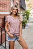 WRINKLED V NECK RUFFLED SLEEVES PUNCHING LACE TEE - Doublju