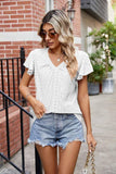 WRINKLED V NECK RUFFLED SLEEVES PUNCHING LACE TEE - Doublju