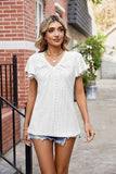WRINKLED V NECK RUFFLED SLEEVES PUNCHING LACE TEE - Doublju
