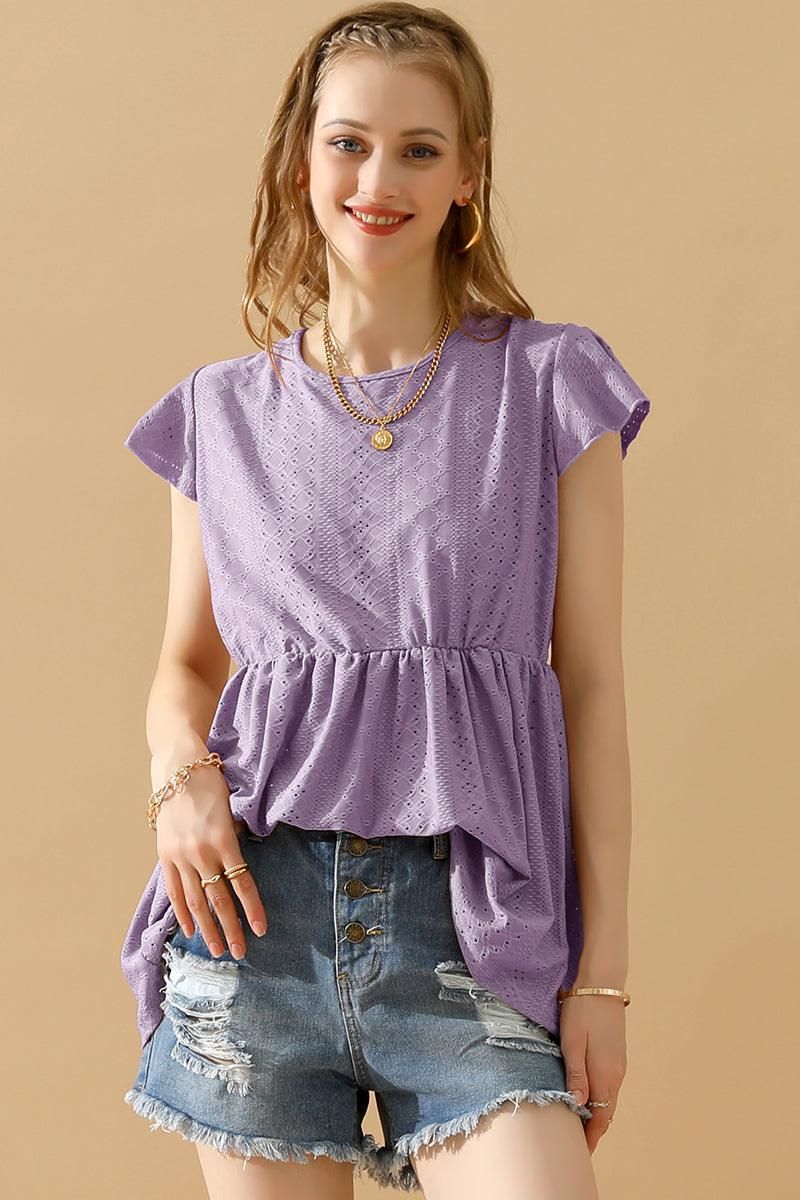 RUFFLED ELASTIC WAIST PUNCHING LACE TEE - Doublju