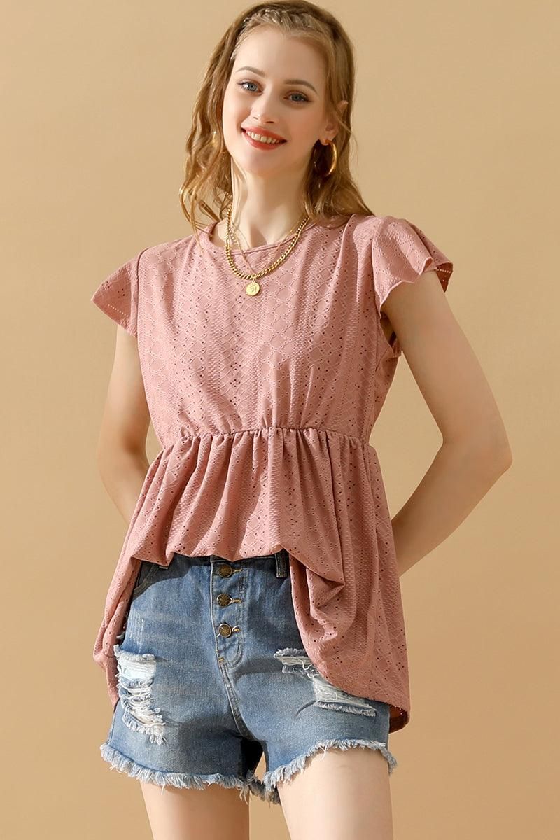 RUFFLED ELASTIC WAIST PUNCHING LACE TEE - Doublju