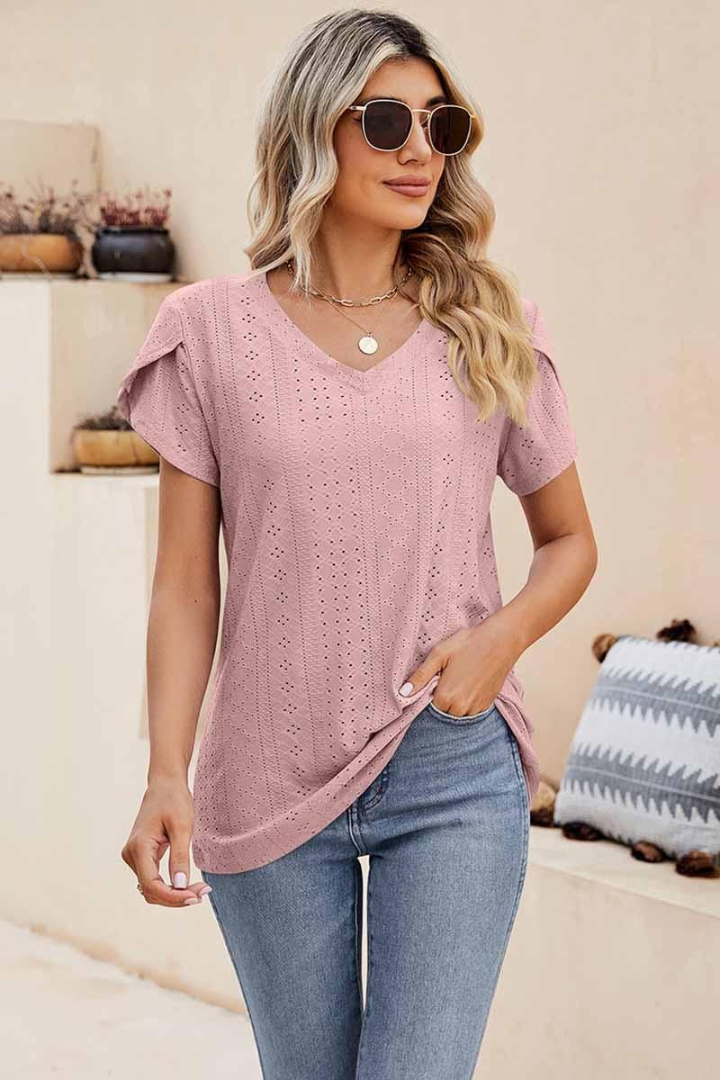 PUNCHING LACE TULIP PUFF V NECK T-SHIRTS - Doublju