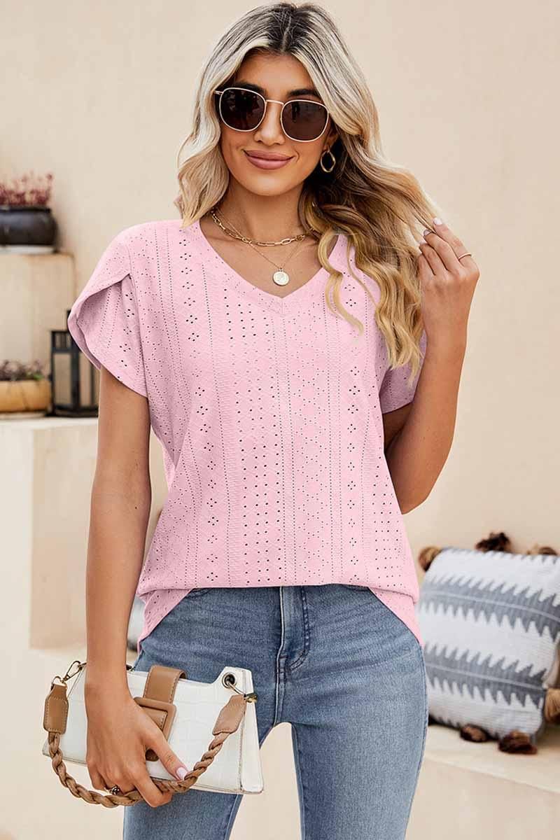 PUNCHING LACE TULIP PUFF V NECK T-SHIRTS - Doublju