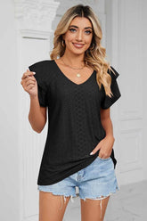 PUNCHING LACE CAKE PUFF V NECK T-SHIRTS - Doublju