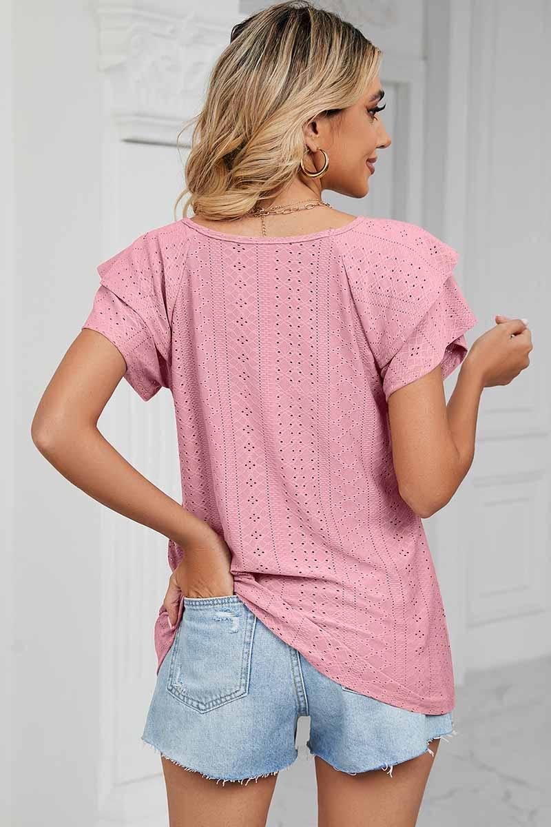 PUNCHING LACE CAKE PUFF V NECK T-SHIRTS - Doublju