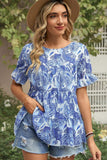 PATTERNED LOUND NECK CAKE CHIFFON TOP - Doublju