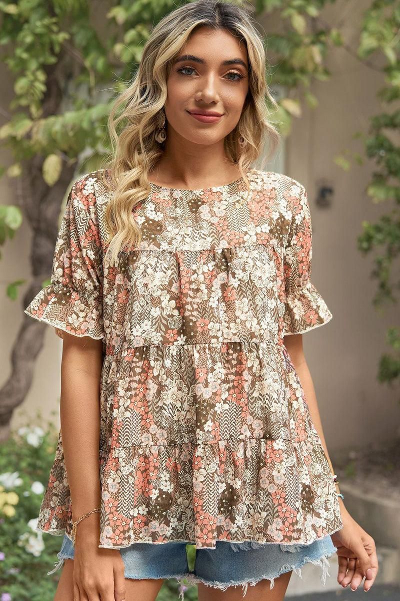 PATTERNED LOUND NECK CAKE CHIFFON TOP - Doublju