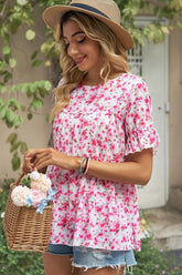 PATTERNED LOUND NECK CAKE CHIFFON TOP - Doublju