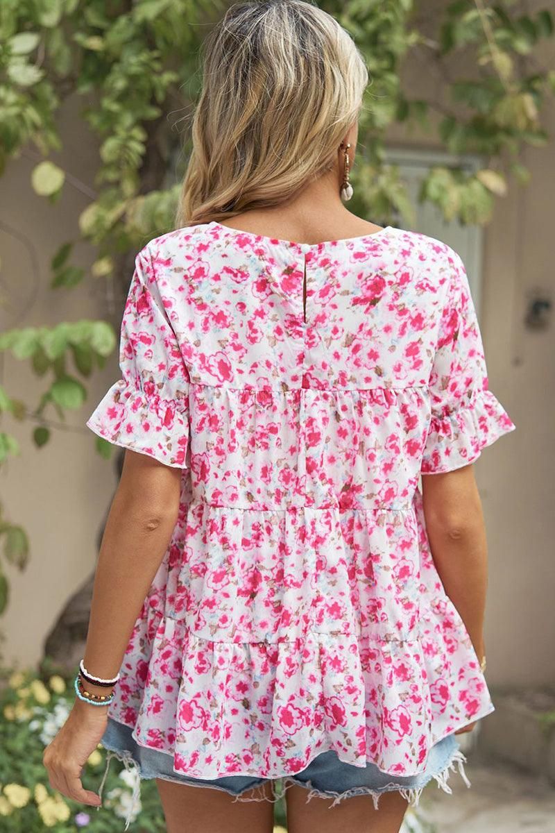 PATTERNED LOUND NECK CAKE CHIFFON TOP - Doublju