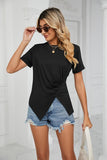 ROUND NECK RUFFLED SPLIT TOP - Doublju