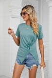 ROUND NECK RUFFLED SPLIT TOP - Doublju