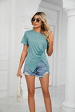ROUND NECK RUFFLED SPLIT TOP - Doublju