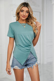 ROUND NECK RUFFLED SPLIT TOP - Doublju