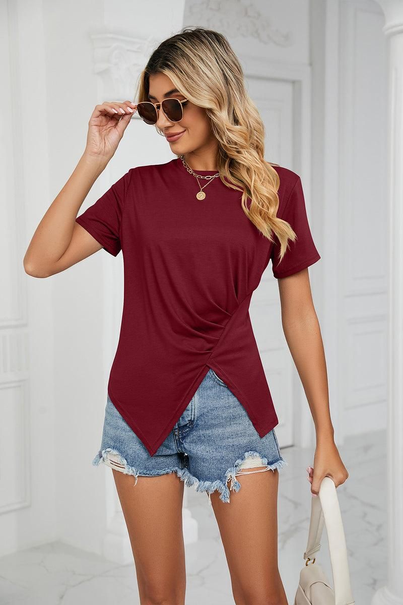 ROUND NECK RUFFLED SPLIT TOP - Doublju