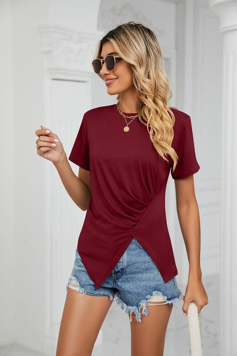 ROUND NECK RUFFLED SPLIT TOP - Doublju