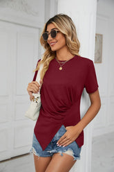 ROUND NECK RUFFLED SPLIT TOP - Doublju