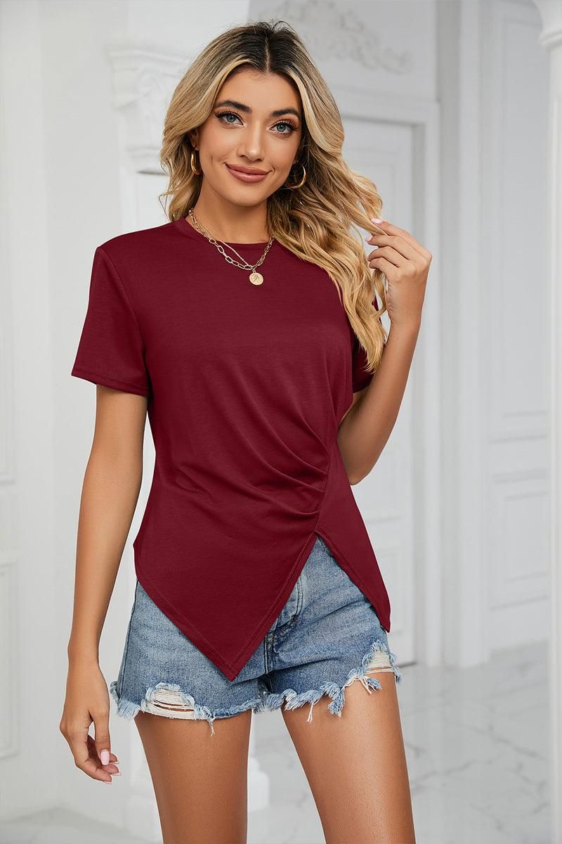 ROUND NECK RUFFLED SPLIT TOP - Doublju