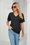 SOLID V NECK SHORT SLEEVE LOOSE TEES - Doublju