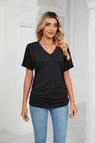 SOLID V NECK SHORT SLEEVE LOOSE TEES - Doublju