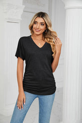 SOLID V NECK SHORT SLEEVE LOOSE TEES - Doublju