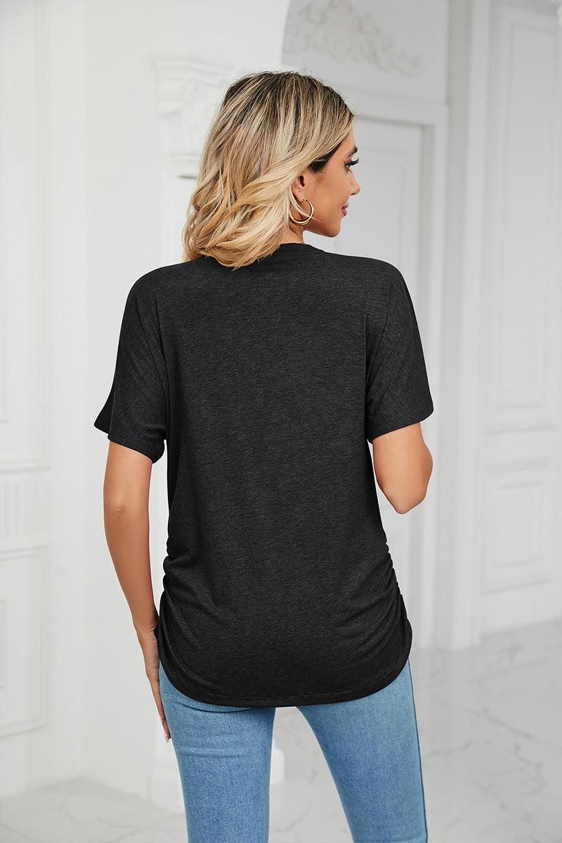 SOLID V NECK SHORT SLEEVE LOOSE TEES - Doublju