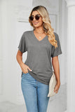 SOLID V NECK SHORT SLEEVE LOOSE TEES - Doublju