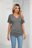 SOLID V NECK SHORT SLEEVE LOOSE TEES - Doublju