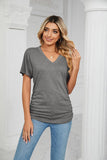 SOLID V NECK SHORT SLEEVE LOOSE TEES - Doublju