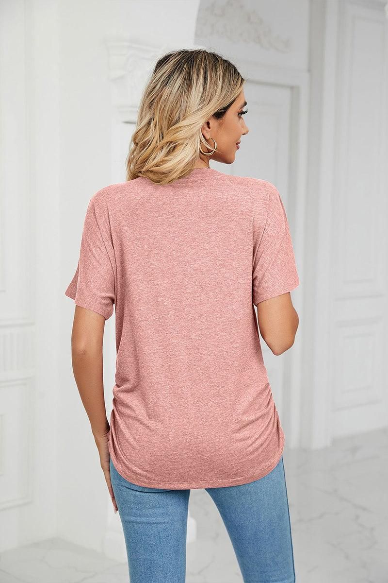 SOLID V NECK SHORT SLEEVE LOOSE TEES - Doublju