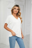 SOLID V NECK SHORT SLEEVE LOOSE TEES - Doublju